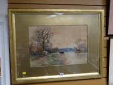 A gilt framed watercolour of man leading horse towing a river barge, signed H C FOX, dated 1906