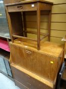 A vintage teak drop-down bureau with three drawers together with a matching side / lamp table