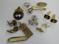 A hallmarked silver ingot, silver signet ring, silver baby brooch, parcel of cuff links etc