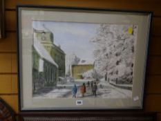 Framed watercolour of a winter street scene of figures walking in the snow, signed A BLAND