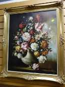 A gilt frame oil on canvas - still life of flowers in a vase, signed CATTE