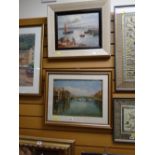 Framed oil on canvas - continental harbour scene with a framed oil on board of an Italian river