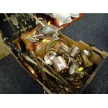 A box of metalware including brass, brassware, copper tankards etc