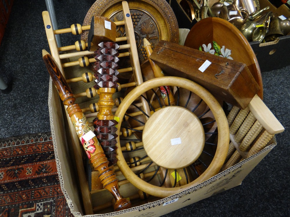 Box of various carved wooden items including bowls, wall plaques etc