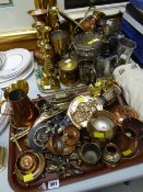 Two trays of various brass & copperware items, tankards, candlesticks etc