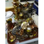 Two trays of various brass & copperware items, tankards, candlesticks etc