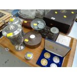 Tray of various collectables including pewter stein & lidded tankard, weighing scales, Jubilee coins