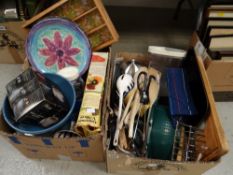 Two boxes of various kitchen items including mixing bowls, storage vessels, cutlery etc