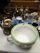 Collection of lustre ware jugs, three Dimple Whisky bottles, blue & white china etc