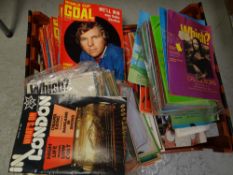 Crate of various vintage periodicals including Private Eye from the 1970s, World of Goal, Football