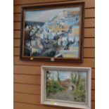 A framed oil on board of a Mediterranean hill town by E M PHILLIPS, dated '89 together with a framed