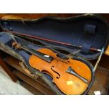 A cased violin & bow (for repair)