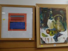 Oil on canvas - still life of fruit & bottle on a table by TERRY CROSS in the manner of LEON