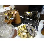 A parcel of metalware including copper kettle, brassware, horse sculpture