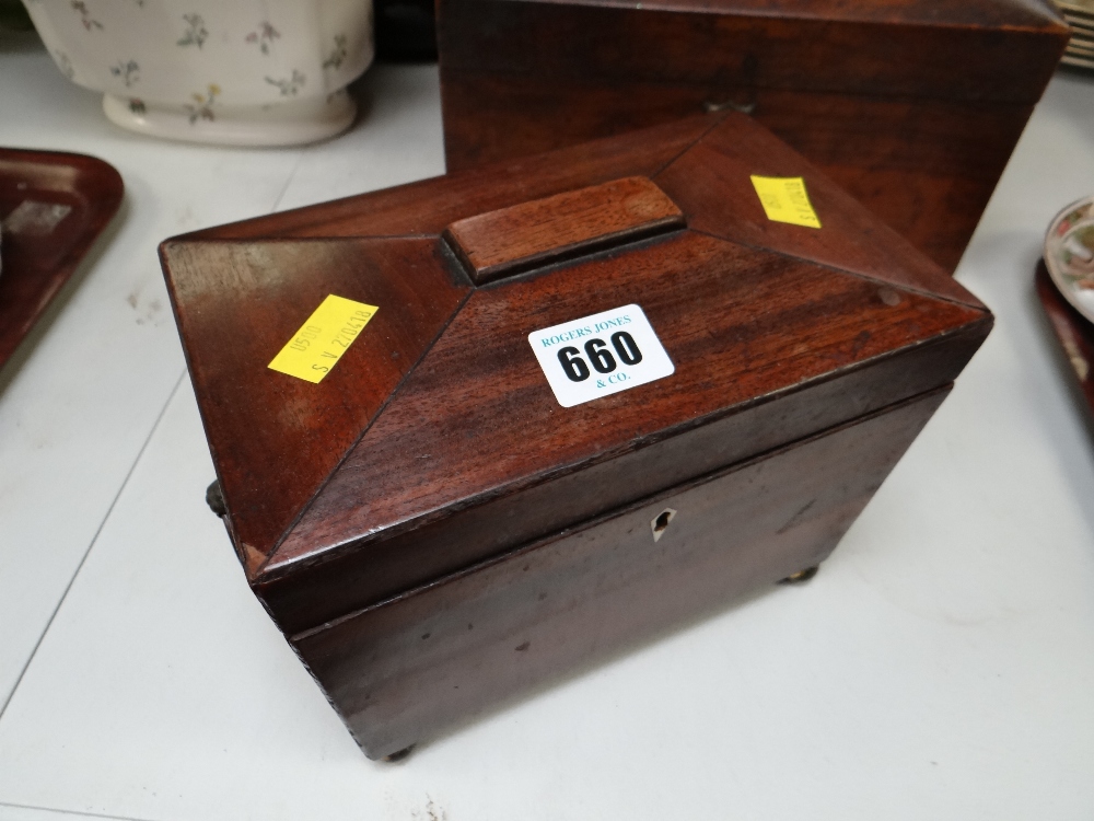 Small Georgian mahogany tea caddy with ivory inlay & lion head handles