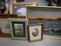 Box of mainly framed embroidered paintings & lace work