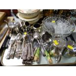 A parcel of loose King's pattern & other cutlery, glass bowls etc