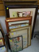 Parcel of various framed prints including two framed Japanese silks, framed cross stitch, framed