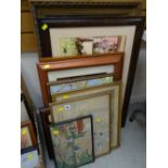 Parcel of various framed prints including two framed Japanese silks, framed cross stitch, framed