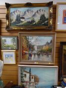 Three framed Continental oils on canvas of various city & alpine scenes