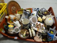 Crate of various household items including set of graduated Staffordshire lustre decorated jugs,