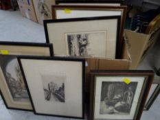 Box of framed etchings of mainly Continental scenes