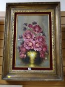 Gilt framed oil on board - still life of roses in a vase by JEANETTE DYKMAN