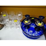 Pair of painted blue glass vases & bowl, wine glasses