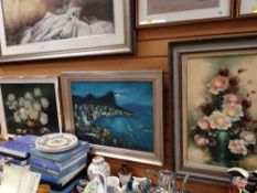 Framed oil on board of still life white roses in a bowl by JOHN DYKMAN together with a framed oil on