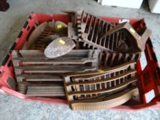 Cast iron fire basket, collection of cast iron grates & cobbler's lasts