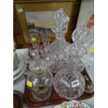 A pair of vintage port decanters, ship's decanter, vintage glassware, two modern carafes