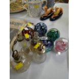 Collection of glass perfume bottles with silver rims together with Caithness & other paperweights