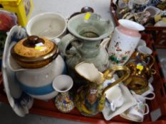 Crate of various household china including a lustre jug, milk glass vase, platters, mugs etc