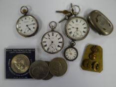 Four silver pocket watches together with commemorative crowns etc