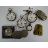 Four silver pocket watches together with commemorative crowns etc