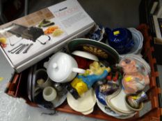 Crate of various china including boxed ProCook, mandolin, food slicer, Wade Natwest 'Piggy' money