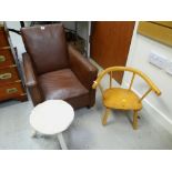 A vintage leatherette child's armchair, three legged stool, another wooden child's chair