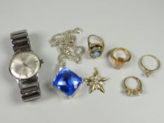 A parcel of rings some possibly gold, white metal blue stone necklace, gents wristwatch