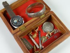Wooden box containing a silver ingot ounce pendant, silver bangle, wristwatch etc