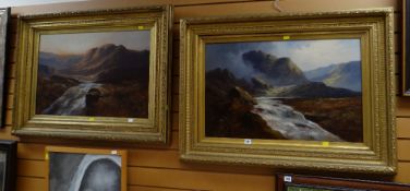 Two late nineteenth century oils on canvas of highland mountain & stream scenes in gilt framed,