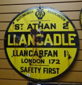 A vintage circular enamel metal AA Llancadle destination sign by Franco Signs, London