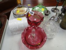 Two items of cranberry glass & other coloured & clear glass items