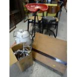 A parcel of furniture to include two tractor-seat stools, bathroom fittings, hair dryer etc E/T