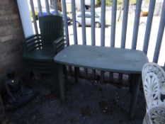 Green plastic patio table & chairs (outside)