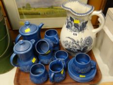 Large blue & white floral decorated jug & a quantity of Shorter Brothers blue stoneware coffee set
