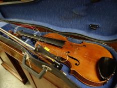 A modern violin with case & bow for restoration