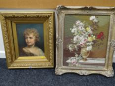 Elaborate gilt framed print of a young boy together with a framed cross stitch of still life of