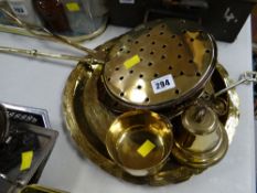 Parcel of brassware including small brass tray, chestnut roaster, bell etc