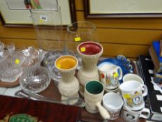 A tray of large glass vases including Dartington together with a parcel of commemorative mugs