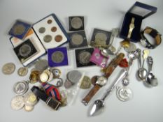 Tin containing quantity of Royal Commemorative crowns, pre decimal coinage, wristwatches etc